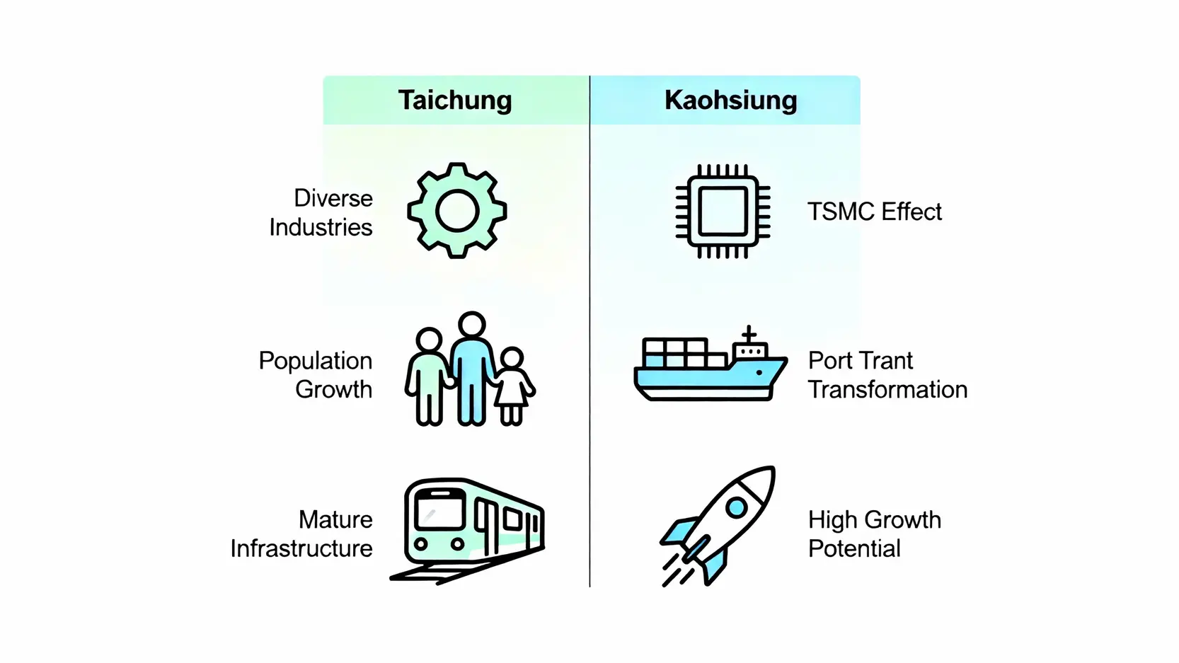 台中、高雄房價還會漲嗎?一篇看懂2025七都房價走向與投資潛力區 台中與高雄房市優勢對比圖,左側為台中,突顯人口紅利與均衡發展;右側為高雄,突顯台積電效應與產業轉型。