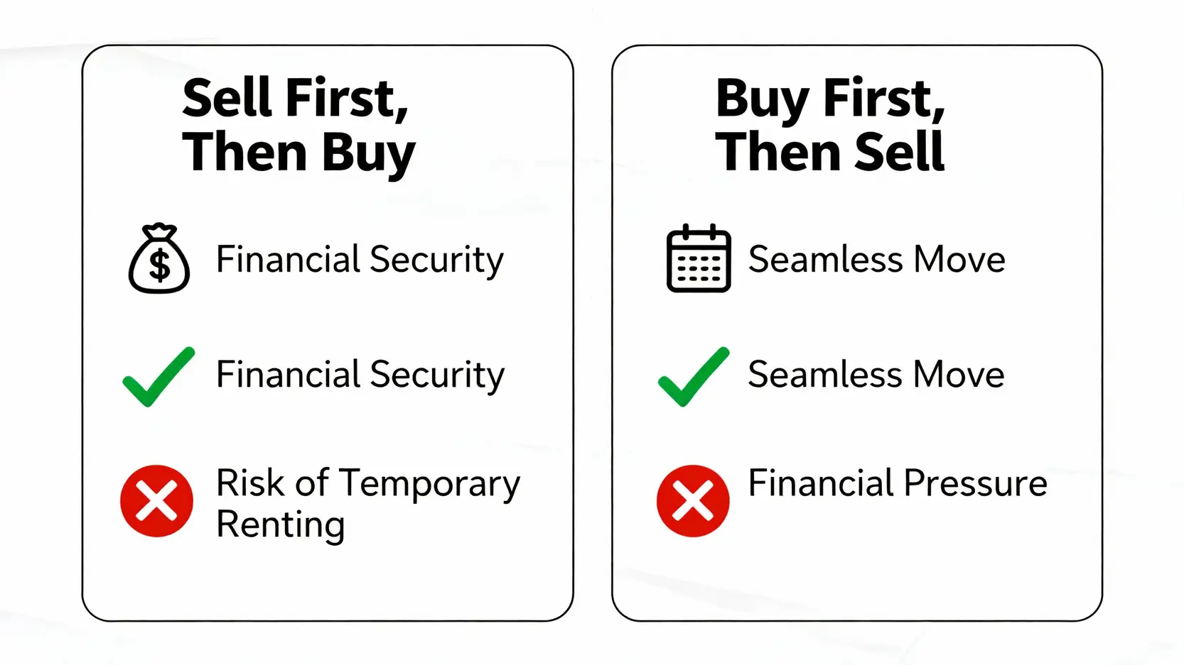 【2025台灣房價走勢預測】房價下跌有譜?專家與PTT鄉民觀點懶人包 換屋族策略比較圖:先賣後買 vs 先買後賣的優缺點分析。
