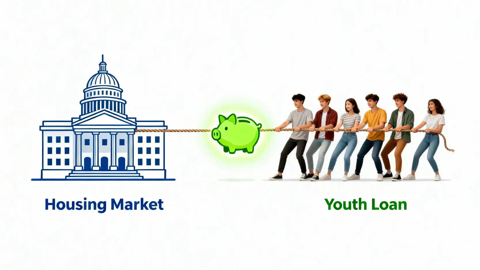 【2025台灣房價走勢預測】房價下跌有譜?專家與PTT鄉民觀點懶人包 政府打房政策與新青安貸款的拉鋸戰示意圖。