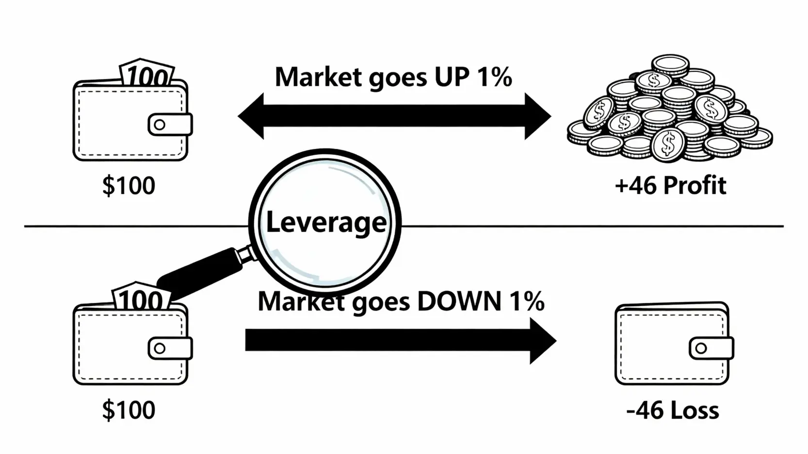 外匯槓桿是什麼?一篇搞懂外匯保證金交易、計算與風險控管 外匯槓桿的雙面刃效應,顯示市場微小波動如何被槓桿放大為巨大的獲利或虧損。
