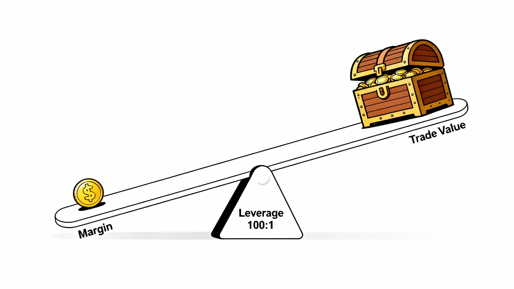 外匯槓桿是什麼?一篇搞懂外匯保證金交易、計算與風險控管 外匯槓桿原理示意圖,顯示一小筆保證金如何透過槓桿撬動一筆大額交易。