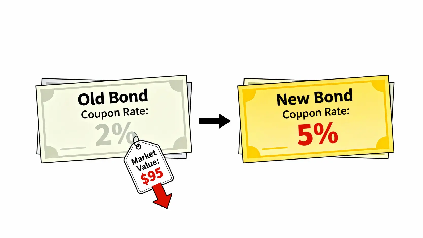 美債大跌原因全解析:搞懂殖利率、價格、利率關係,2025投資不踩雷 市場升息後,低利率的舊債券與高利率的新債券吸引力對比圖。