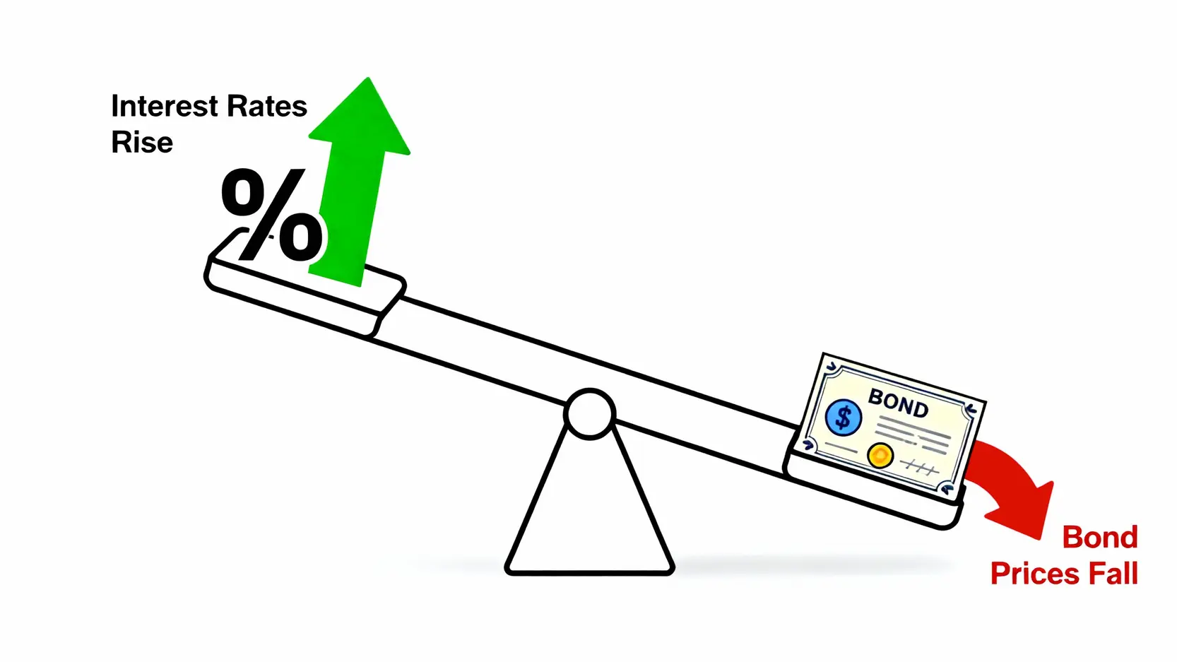 美債期貨是什麼?一篇看懂國庫券利率、交易策略與日本公債投資優缺點 一張蹺蹺板圖示,說明利率上升時,債券價格會下跌的反向關係。