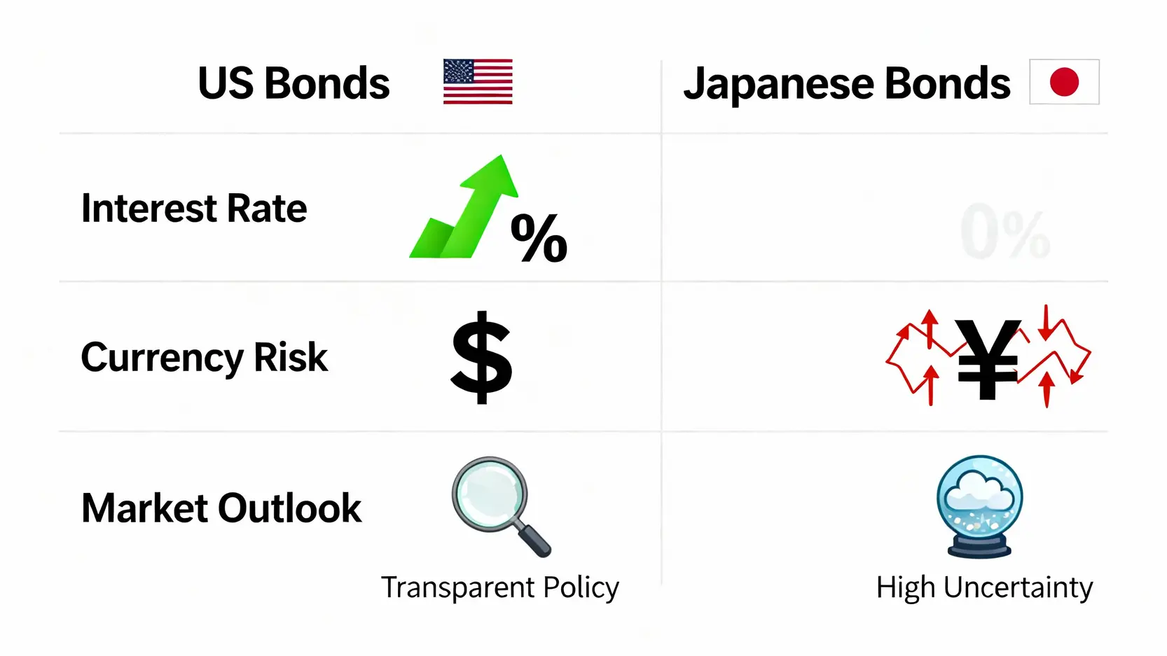美債期貨是什麼?一篇看懂國庫券利率、交易策略與日本公債投資優缺點 美國公債與日本公債的比較圖,涵蓋利率環境、匯率風險與市場前景三個方面。