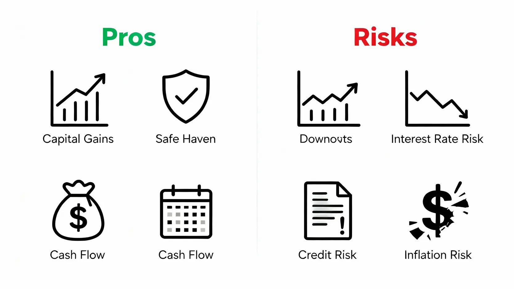 TLT是什麼?最詳盡TLT ETF介紹:iShares 20年期美債投資優缺點、配息與風險全解析 投資TLT的優點與風險對比圖,優點包含資本利得、避險功能與穩定現金流;風險包含利率風險、信用風險與通膨風險。