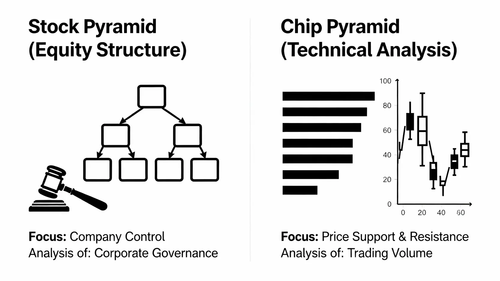 金字塔控股結構是什麼?一篇看懂股權金字塔優缺點與投資風險 股票金字塔(股權結構)與籌碼金字塔(技術分析)的對比圖。左側為公司控制權分析,右側為股價壓力支撐分析。