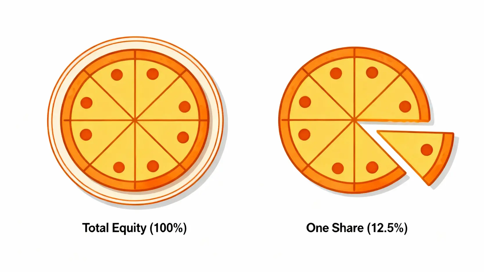 股權股份差異在哪?5分鐘搞懂「股權意思」,秒懂股東權利與公司估值 股權與股份關係的披薩比喻圖,整個披薩代表股權,單片披薩代表股份。