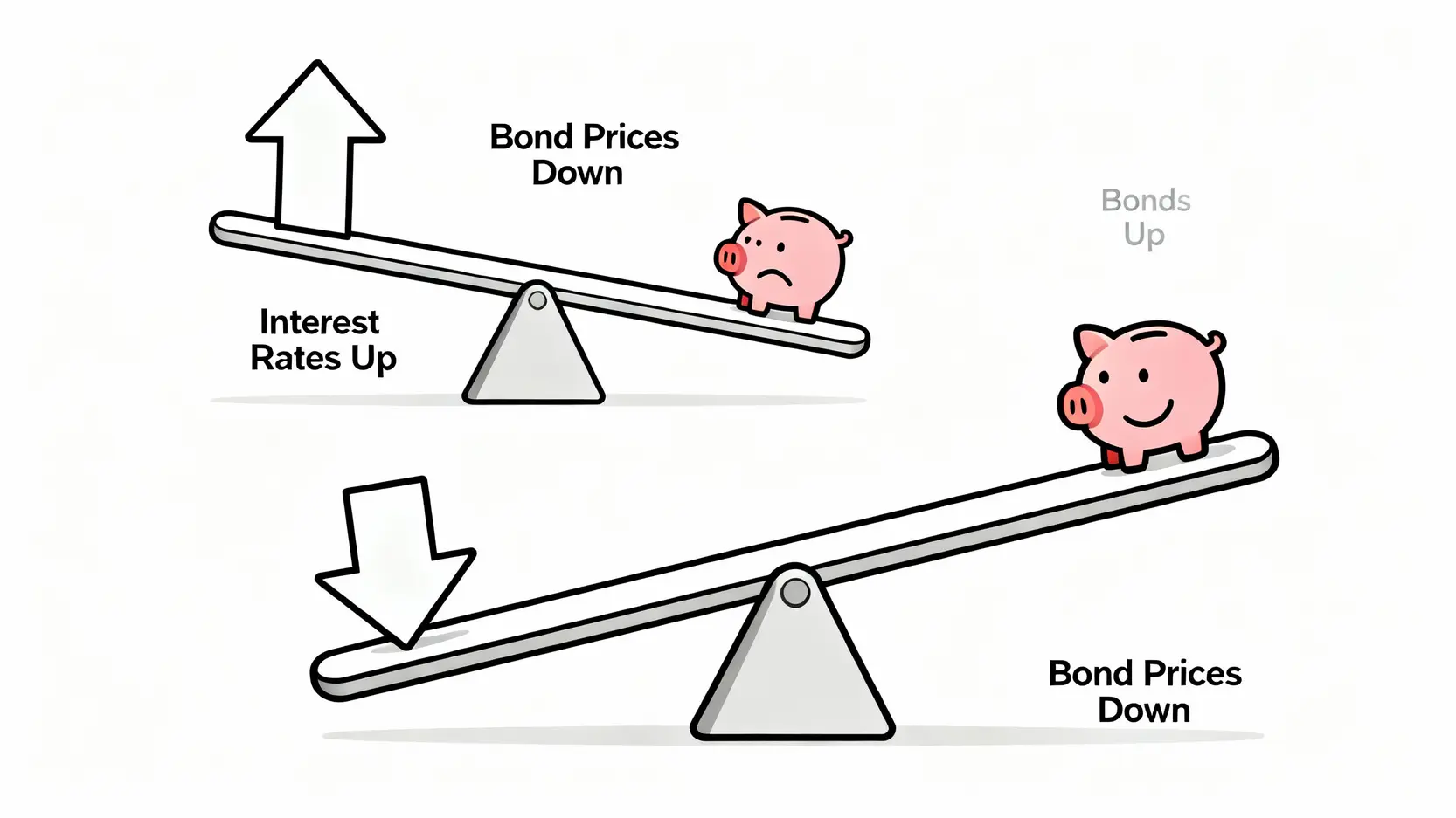美國公債ETF推薦:5檔熱門標的比較,教你如何避開利率風險 利率與債券價格的關係圖,以蹺蹺板說明當利率上升時,債券價格下跌,反之亦然。