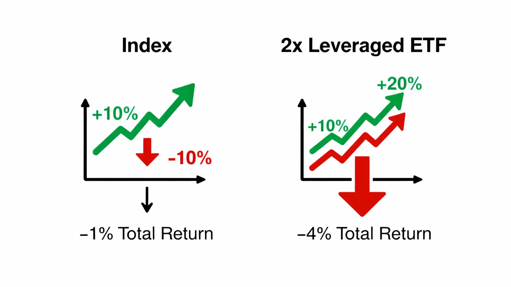 槓桿型ETF怎麼買?一篇搞懂簽署風險預告書、交易流程與必知風險 槓桿ETF耗損效應示意圖,顯示指數小跌1%時,2倍槓桿ETF卻虧損4%。