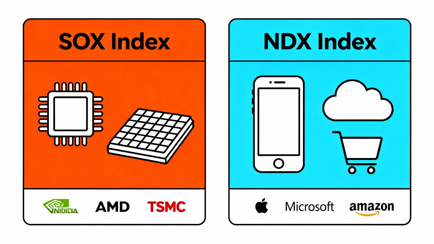費城半導體指數成分股有哪些?一篇搞懂那斯達克權重與台股權值股投資策略 費城半導體指數與那斯達克100指數的比較圖,左側以晶片圖示代表費半,右側以手機和雲端圖示代表那斯達克。