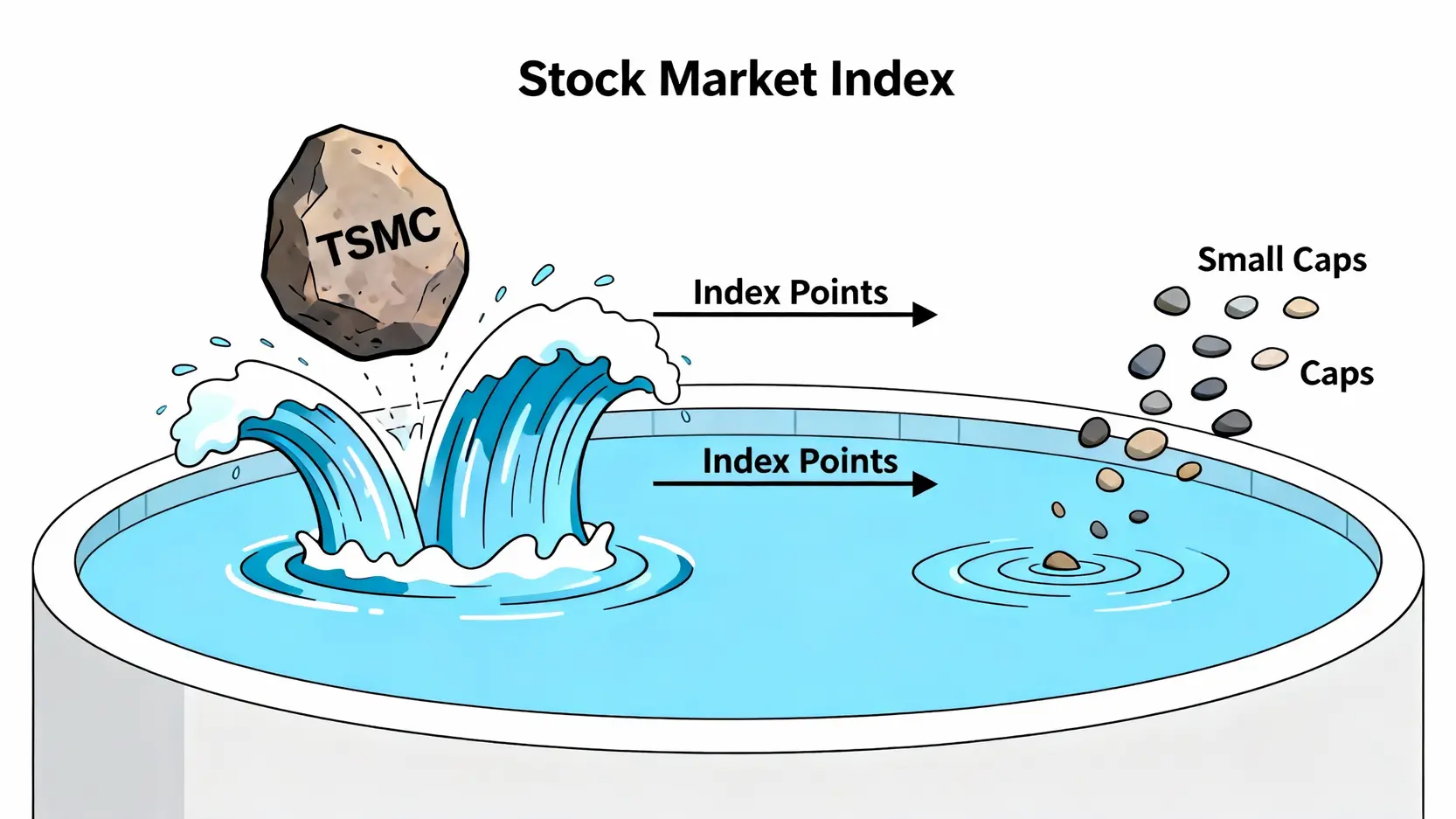 費城半導體指數成分股有哪些?一篇搞懂那斯達克權重與台股權值股投資策略 權值股意思示意圖,顯示一顆巨石(代表台積電)和許多小石頭(代表中小型股)掉入水池(代表股市大盤)所造成的不同影響力。