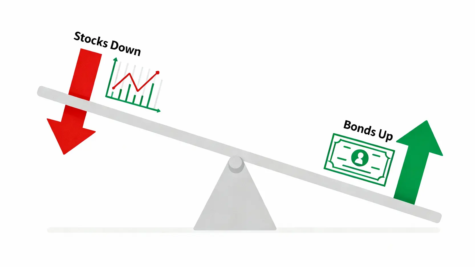 2025 國債怎麼買?一篇搞懂3大購買管道、開戶教學與投資策略 股債蹺蹺板關係圖,顯示股市下跌時債券作為避風港價格上升的負相關特性。