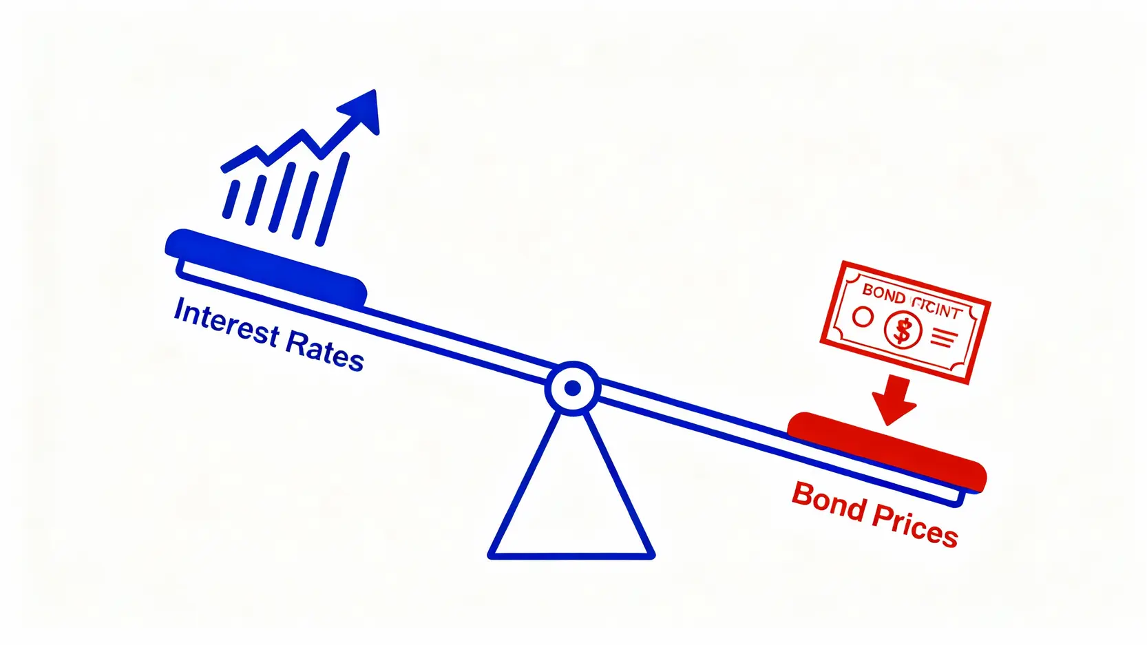 美國國債是什麼?2025投資美債3大種類、購買方法全圖解 利率與債券價格反向關係的蹺蹺板示意圖,顯示當利率上升時,債券價格便會下跌。