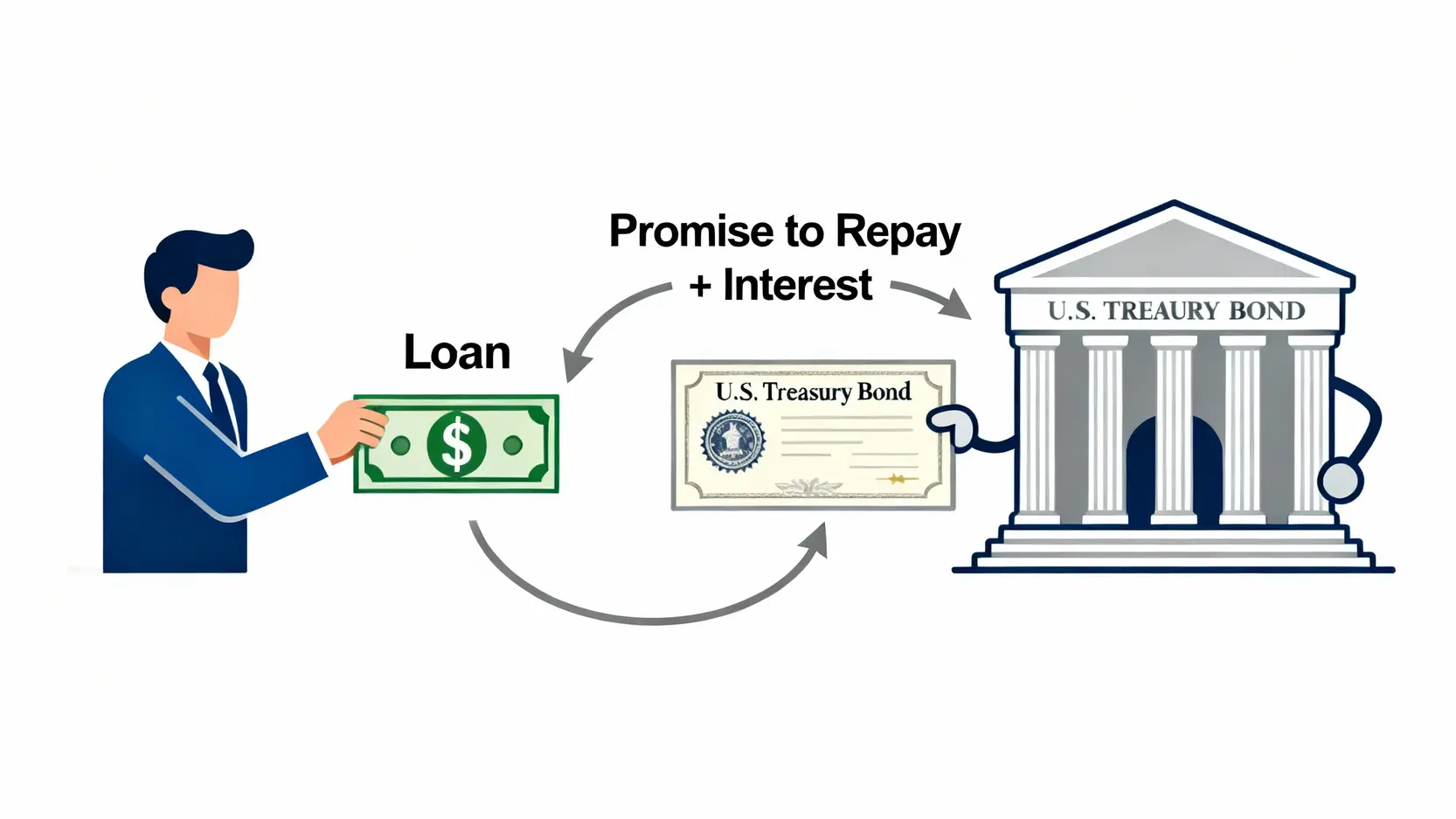 美國國債是什麼?2025投資美債3大種類、購買方法全圖解 美國國債運作原理示意圖,顯示投資人將錢借給美國政府,政府則發行債券作為憑證並承諾支付利息。
