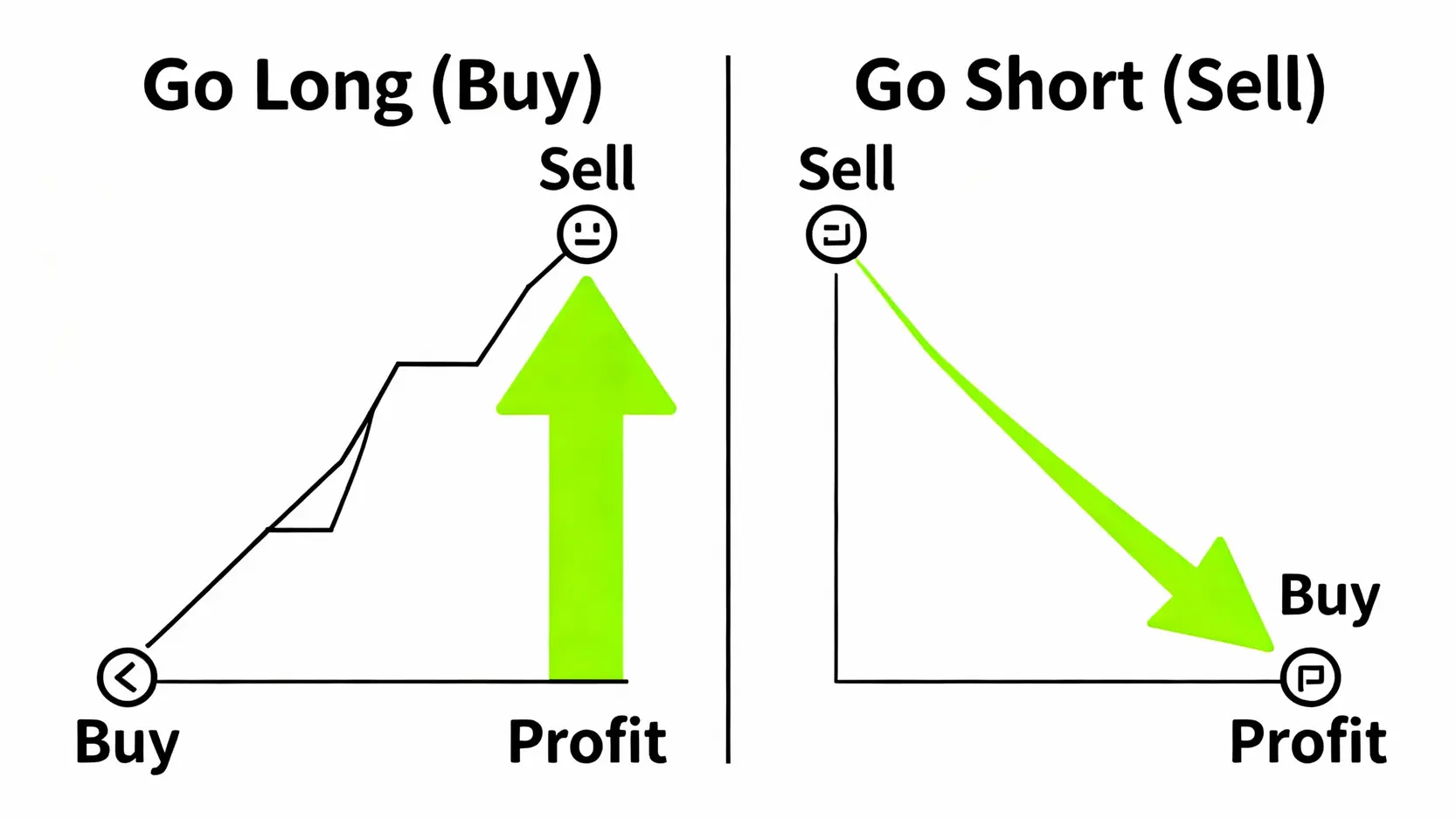 差價合約(CFD)是什麼?一篇搞懂交易、風險與開戶全攻略 一張對比圖,左側說明做多(買低賣高)的獲利方式,右側說明做空(賣高買低)的獲利方式。