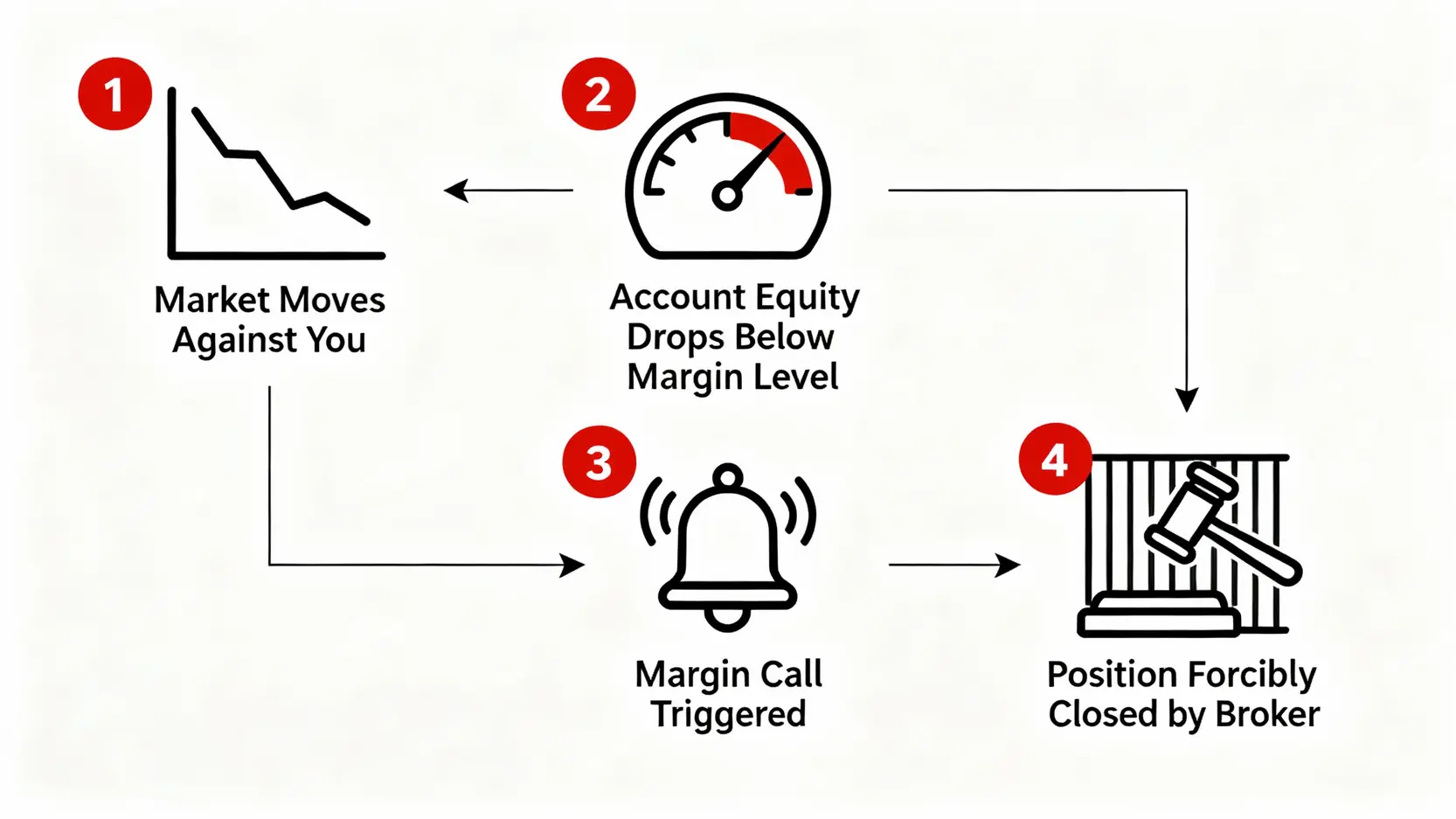 差價合約(CFD)是什麼?一篇搞懂交易、風險與開戶全攻略 一張解釋強制平倉風險的流程圖,從市場走勢相反,到帳戶淨值低於最低保證金,觸發追繳通知,最終導致部位被強制平倉。