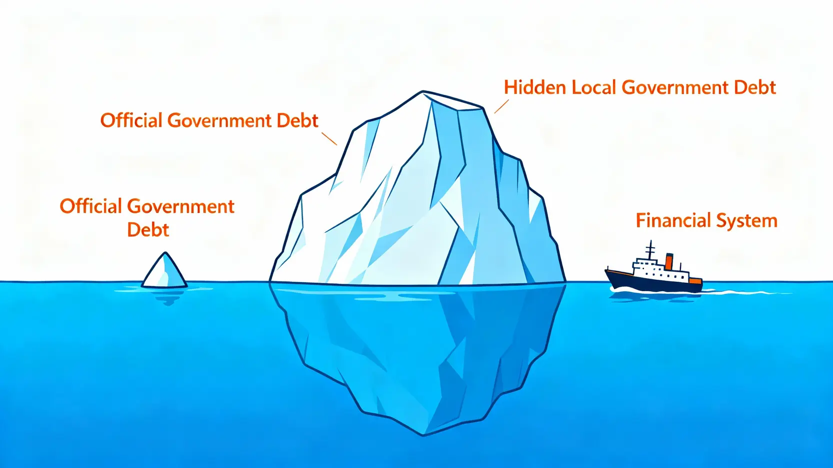 【2025國債大比拼】台灣、中國、日本國債比較全解析:誰的債務風險最高? 一張冰山示意圖,展示中國國債的結構風險,水面上是官方債務,水面下是更龐大的地方政府隱性債務。