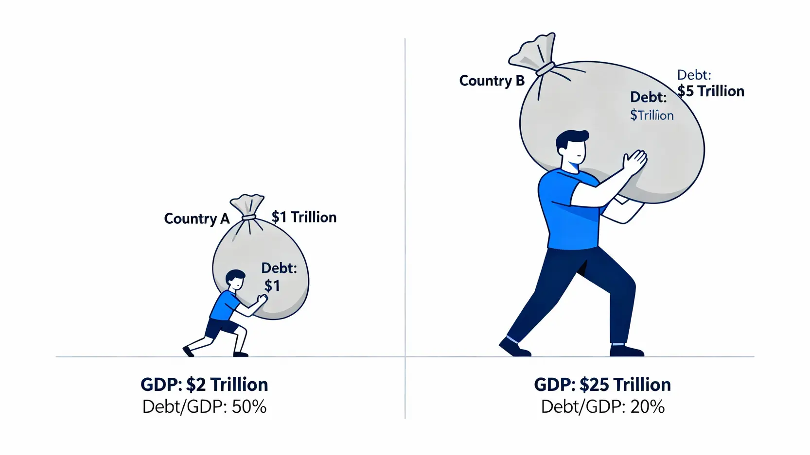 【2025國債大比拼】台灣、中國、日本國債比較全解析:誰的債務風險最高? 一張概念圖解釋國債佔GDP比重的重要性,圖中一個小國扛著相對沉重的債務,而一個大國輕鬆地扛著絕對值更高但佔比更低的債務。