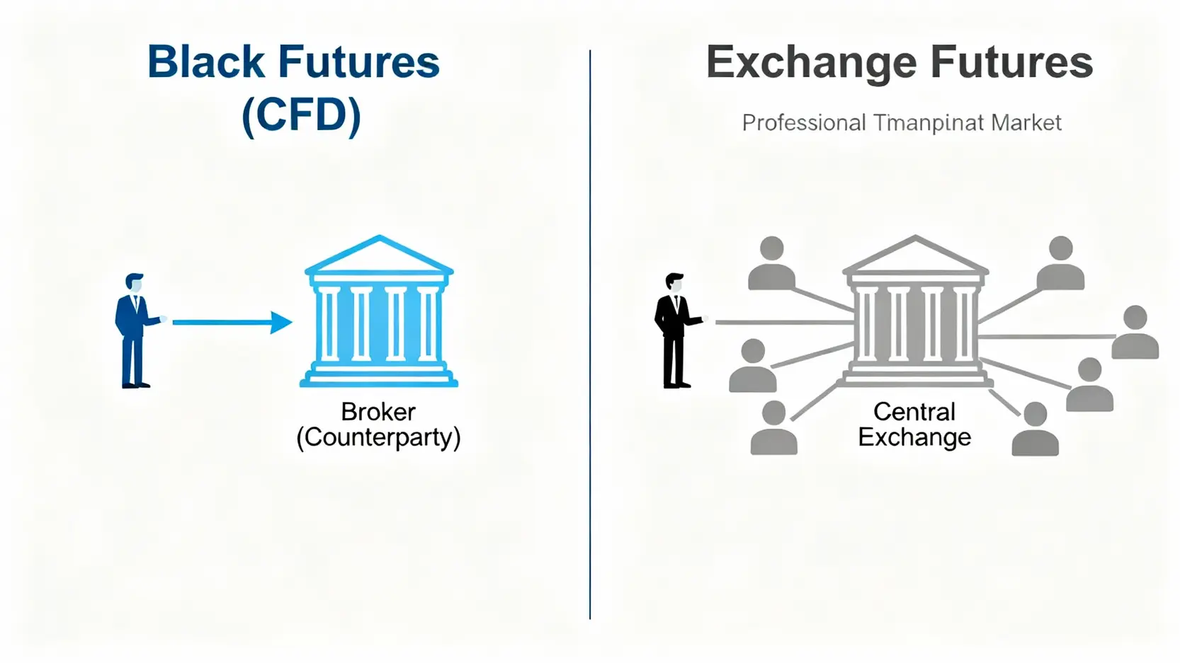 黑期合法嗎?一篇搞懂黑期交易風險、缺點與自保策略 黑期(CFD)與交易所期貨的交易模式對比圖,顯示CFD是與平台對賭,而期貨是在集中市場搓合。