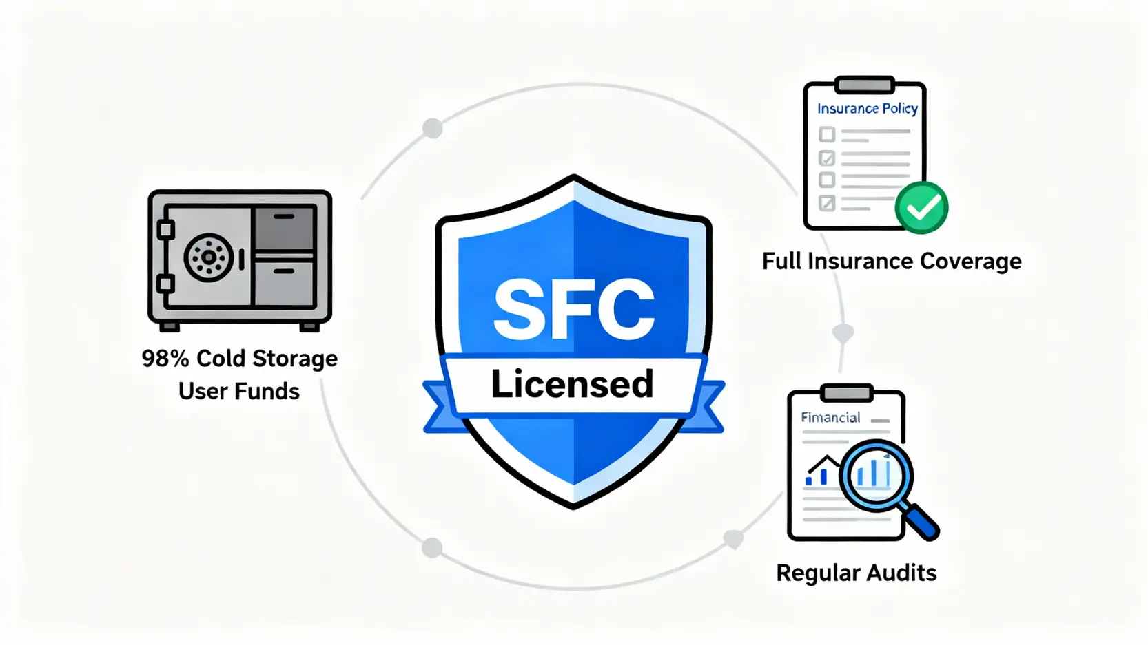 HashKey香港上市動向曝光,HashKey交易所開戶流程與安全性一次看懂 一張圖表解釋香港持牌交易所的三大投資者保障措施:資金安全隔離、全面保險覆蓋和定期嚴格審計。