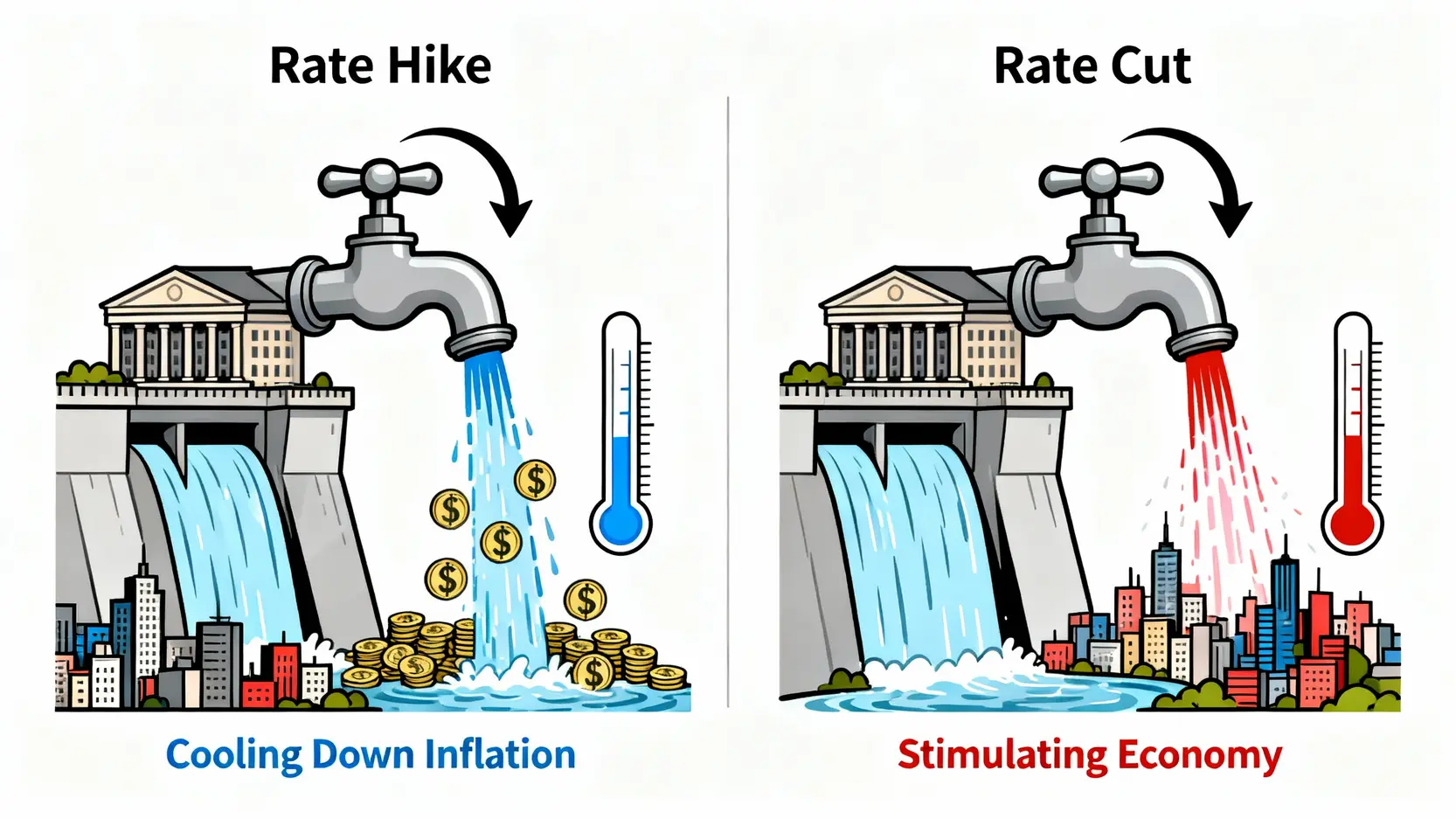 升息降息是什麼?一篇看懂對股市、房貸、定存與投資的全面影響 央行升息與降息的貨幣政策概念圖,以水庫控制水量比喻調節市場資金。