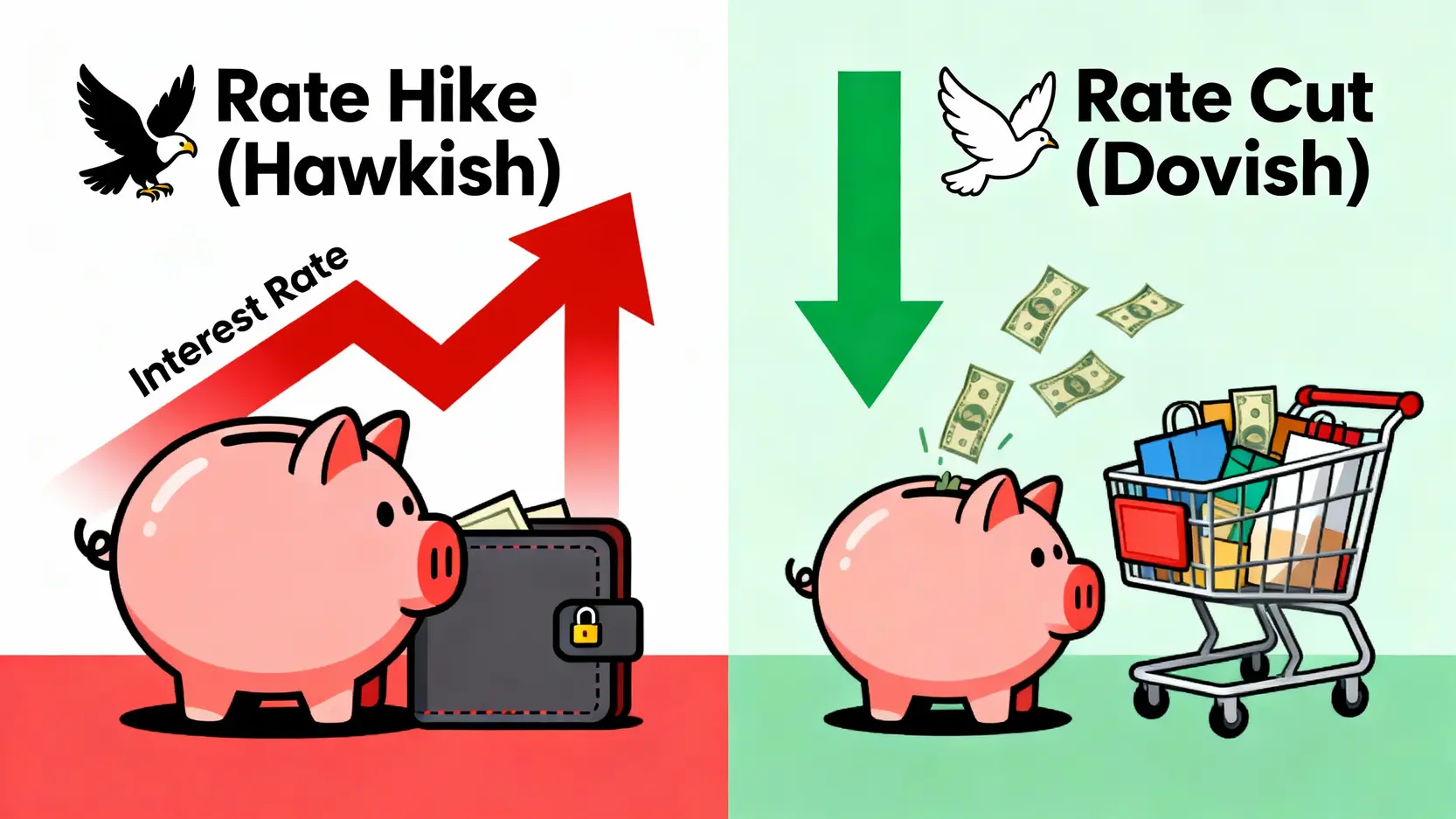 2025美國升息時間表懶人包:聯準會會議利率走勢如何影響你投資? 升息與降息的對比圖,左邊是代表緊縮政策的老鷹,右邊是代表寬鬆政策的鴿子。
