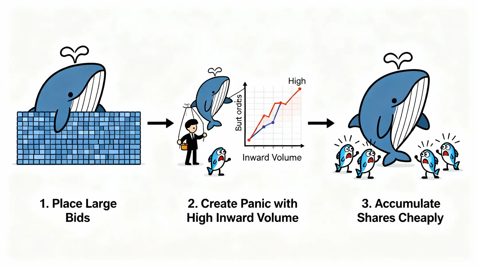 內盤大於外盤代表什麼?3分鐘學會用內外盤比判斷多空方向 主力洗盤手法三步驟示意圖,解釋為何內盤大於外盤股價卻可能上漲。