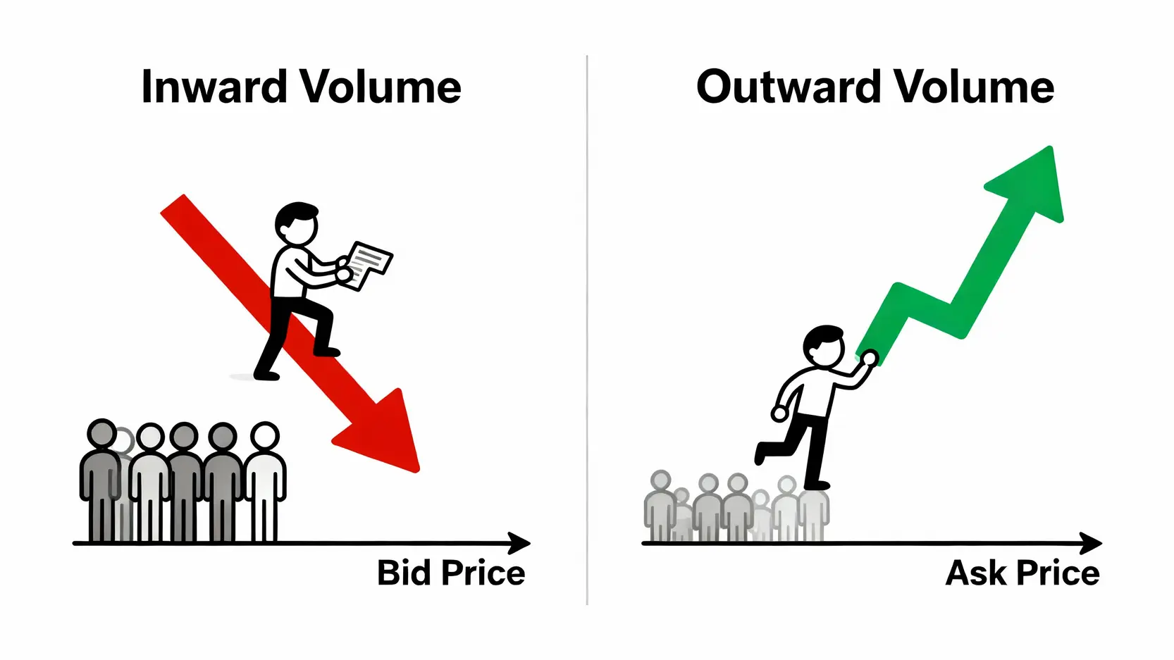 內盤大於外盤代表什麼?3分鐘學會用內外盤比判斷多空方向 內盤與外盤成交機制對比圖,說明內盤為賣方屈就買方價格,外盤為買方追價成交。
