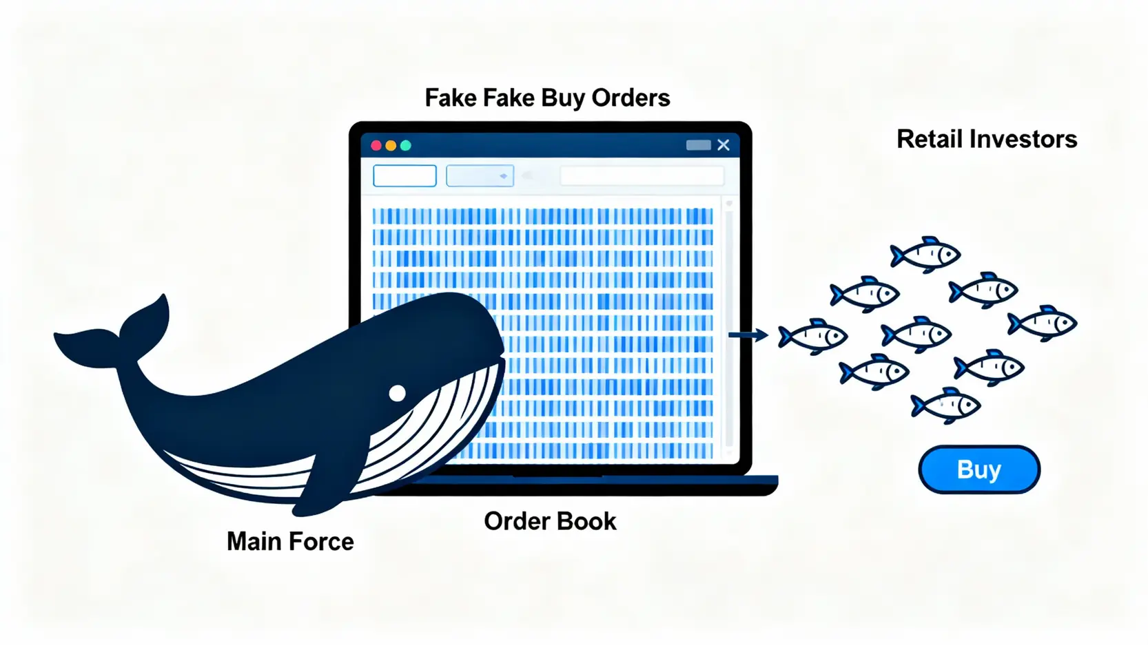 內盤外盤代表什麼?一篇搞懂內外盤比,快速判斷股價多空方向 主力利用假買單誘多出貨的陷阱示意圖