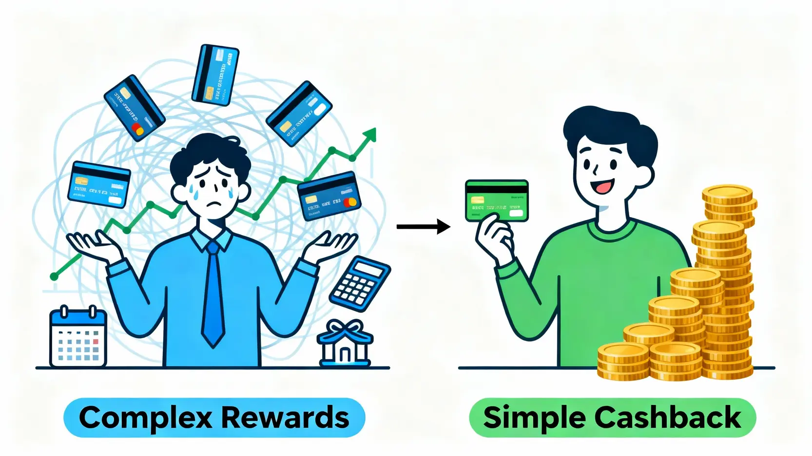 一張對比圖，左邊是複雜的信用卡回饋規則讓人頭痛，右邊是單純的現金回饋卡讓人輕鬆累積財富。