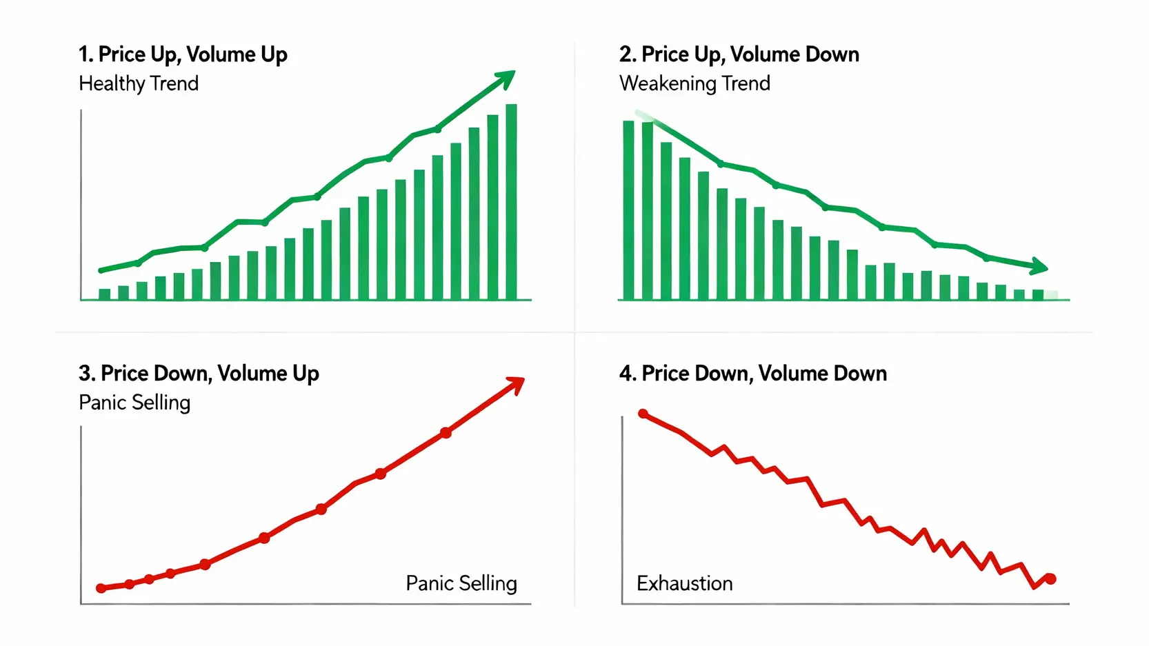 成交量怎麼看?一篇搞懂成交量顏色、內盤外盤與量價關係 四種關鍵量價關係圖解:價漲量增、價漲量縮、價跌量增、價跌量縮。