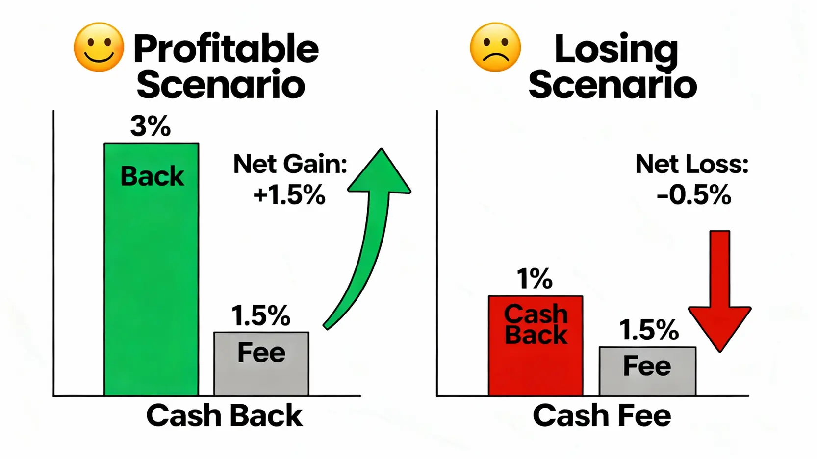 海外刷卡手續費照樣賺!2025旅遊信用卡完整指南,選對卡回饋無上限 信用卡海外消費損益對比圖,顯示回饋大於1.5%為淨賺,小於1.5%則為虧損。