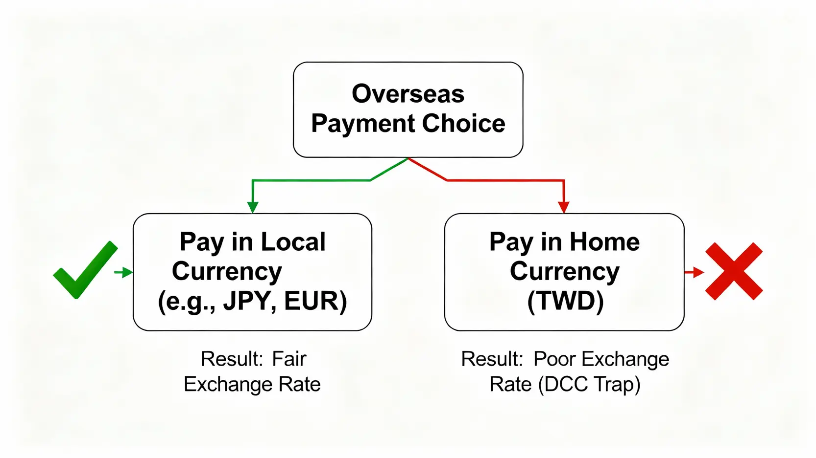 海外刷卡手續費照樣賺!2025旅遊信用卡完整指南,選對卡回饋無上限 海外刷卡支付貨幣選擇流程圖,比較選擇當地貨幣與台幣(DCC)的結果。