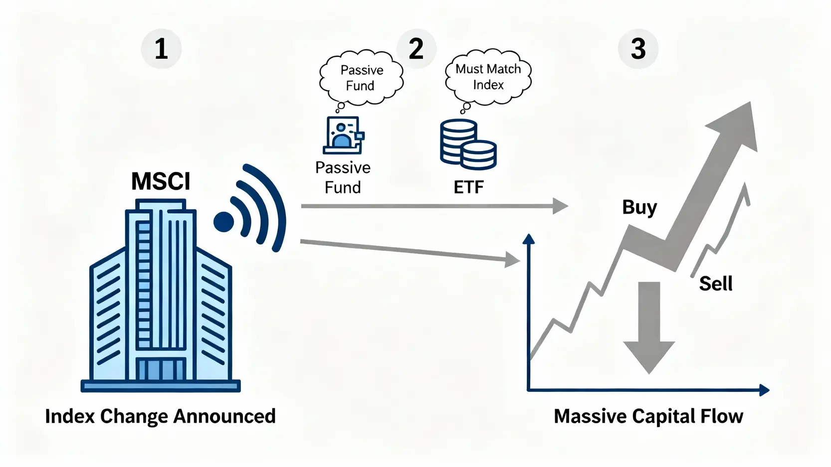 MSCI季度調整是什麼?最新權重調整影響、時間、成分股一次看懂 MSCI權重調整引發資金流動的三步驟流程圖