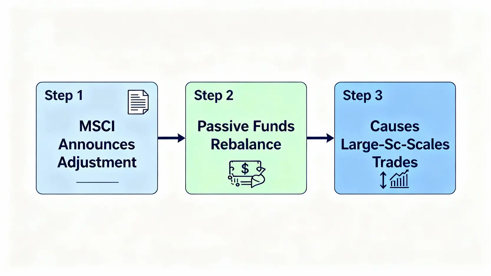 MSCI台灣指數是什麼?2025最新成分股、ETF投資懶人包 MSCI指數調整影響股市流程圖,顯示從指數調整到被動基金跟進買賣,最終引發市場波動的三個步驟。