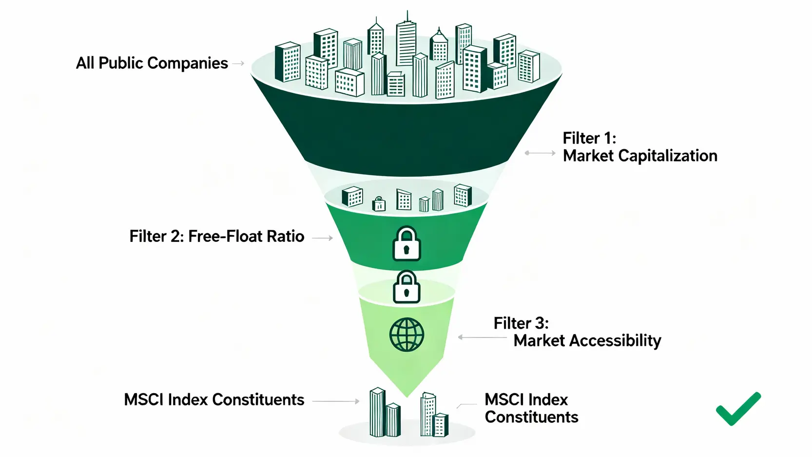 MSCI是什麼?納入MSCI好處、條件全解析,看懂全球資金流向 MSCI指數成分股的三階段篩選流程漏斗圖,包含市值、自由流通比率和市場開放度。