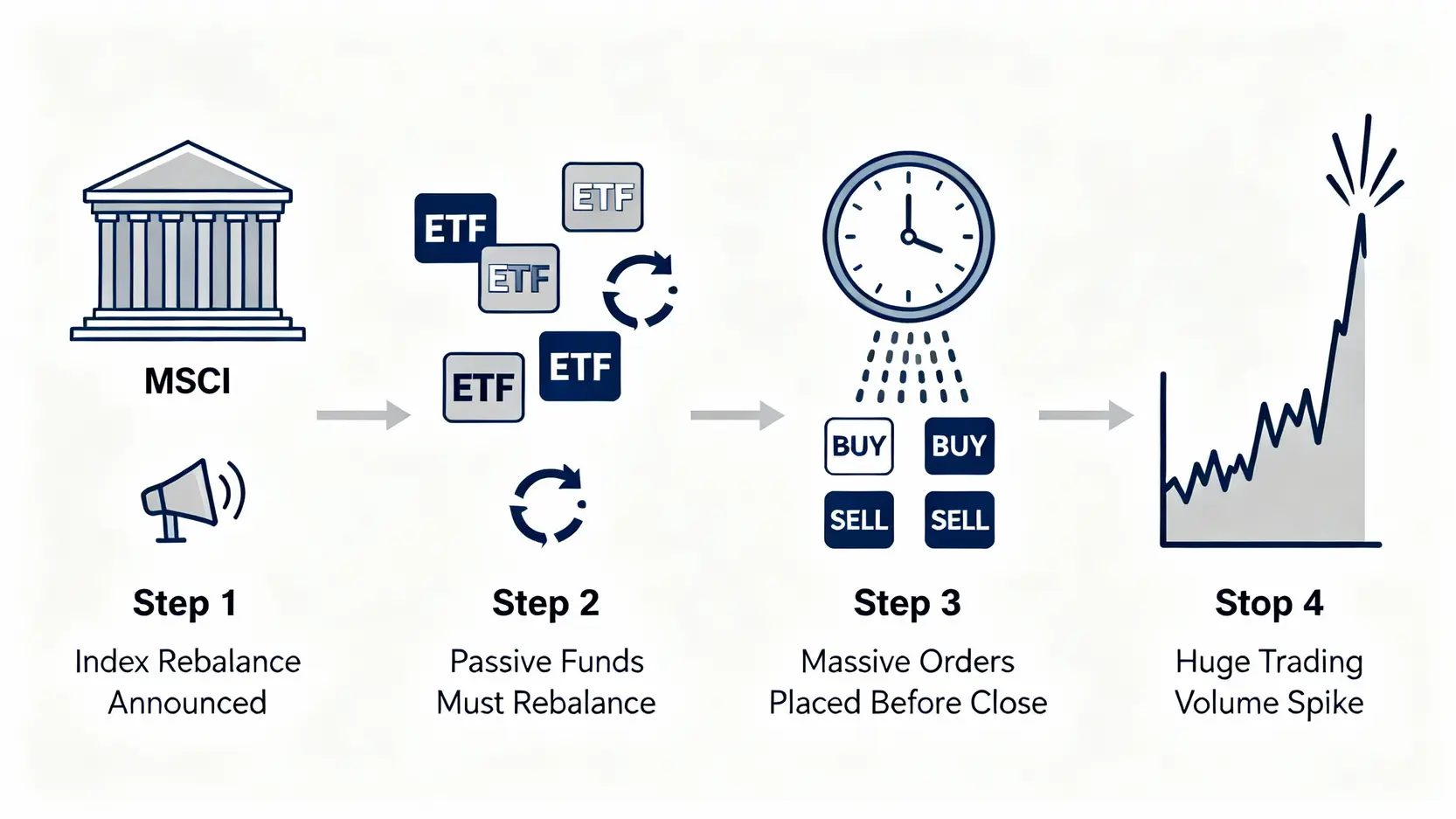 MSCI是什麼?納入MSCI好處、條件全解析,看懂全球資金流向 MSCI權重調整引發台股尾盤爆量的四步驟流程圖。