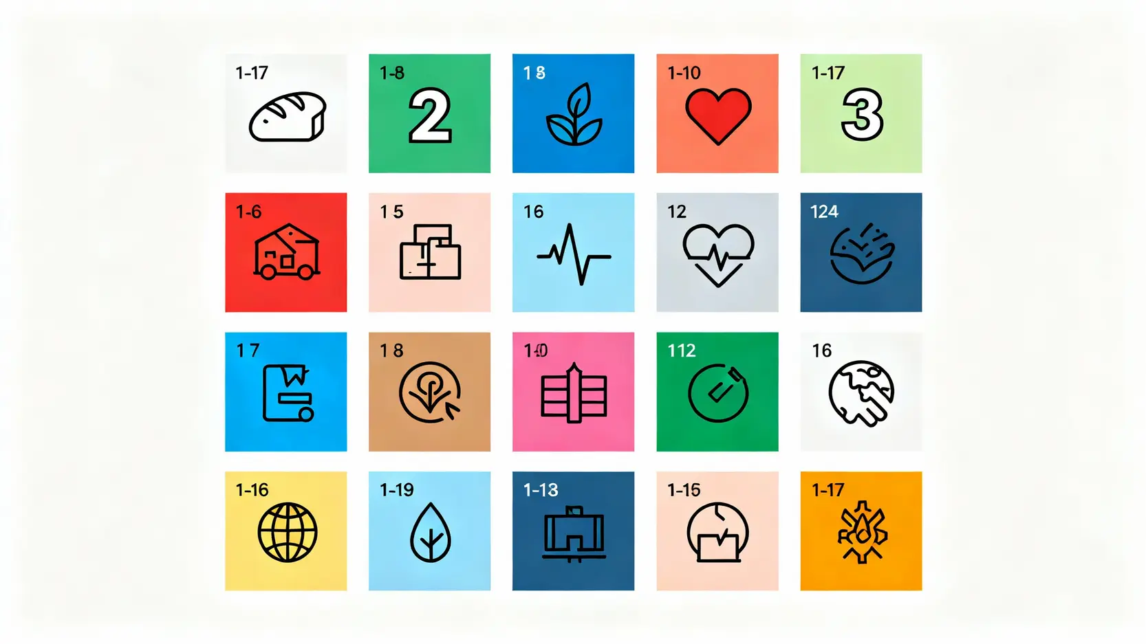 SDGs意思是什麼?聯合國17項永續發展目標完整解析,與ESG差在哪? 聯合國永續發展目標SDGs的17項目標完整圖示,以網格形式呈現各目標的官方顏色與圖標。