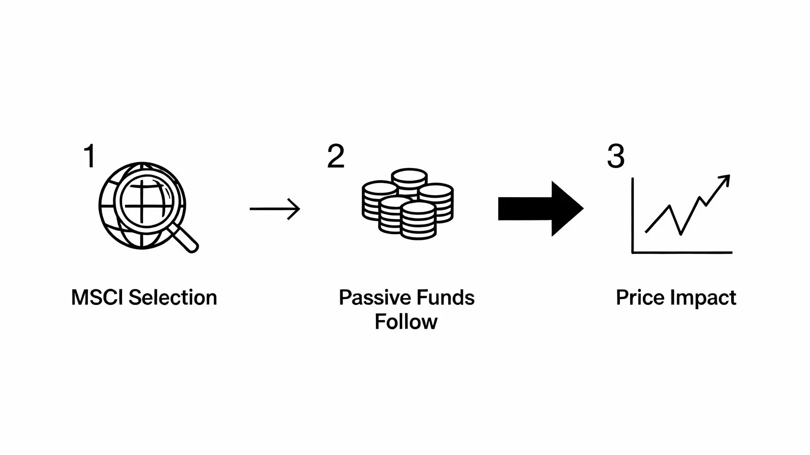 MSCI指數影響股價的三步驟流程圖：MSCI篩選成分股，被動基金跟進買賣，最終影響股價。