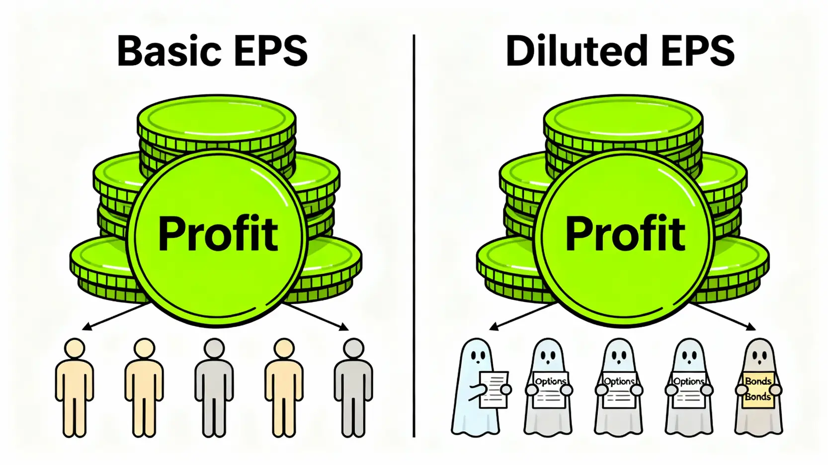 稀釋EPS vs. 基本EPS:一篇搞懂兩者差異,看懂財報中的魔鬼細節 基本EPS與稀釋EPS的差異圖解,顯示稀釋EPS因考慮潛在股數而導致每股分得的利潤變少。