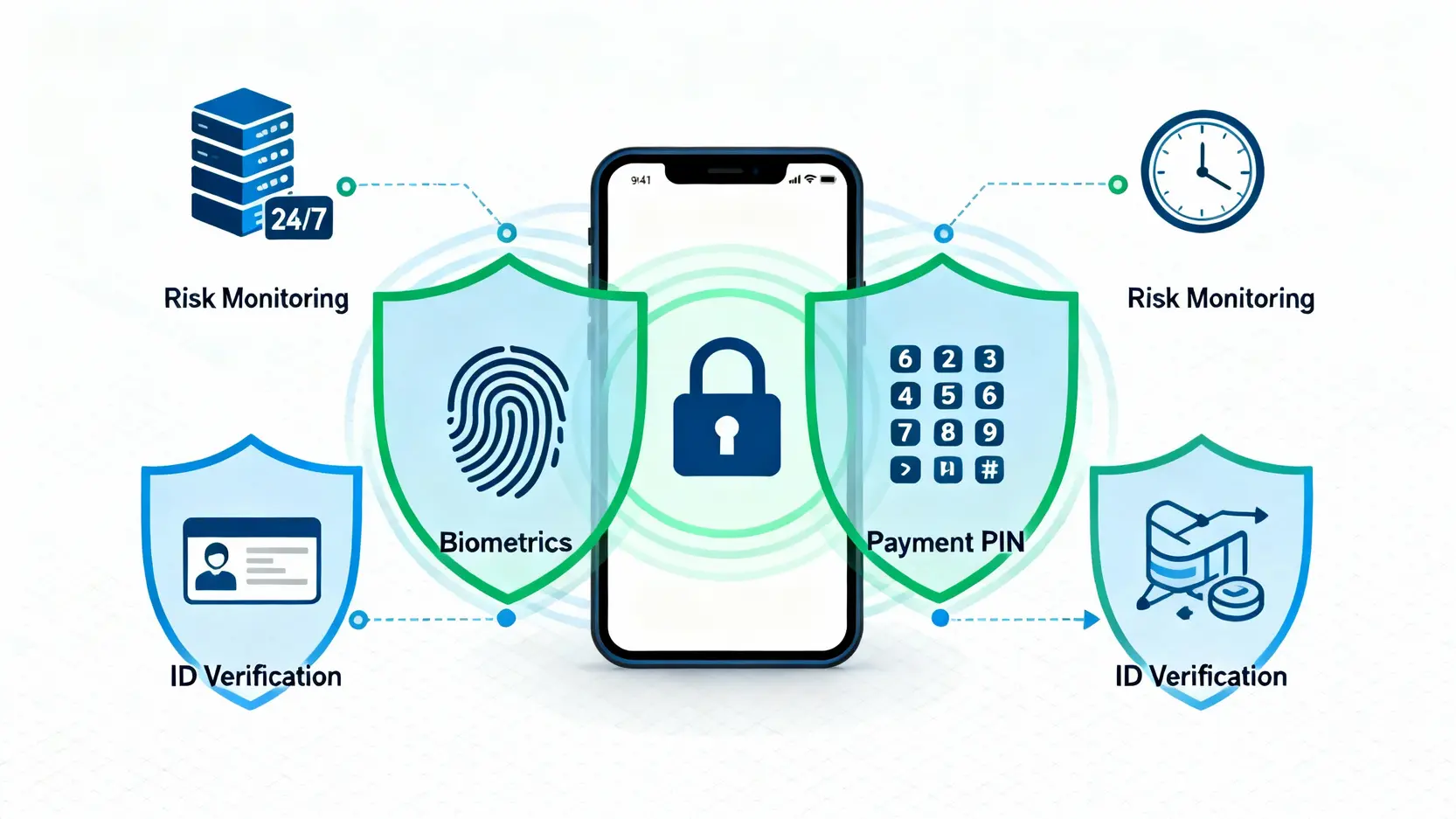 街口支付怎麼用?2025最新教學,從註冊綁定到付款回饋一篇搞定! 街口支付的五大安全機制示意圖,展示了從生物辨識、支付密碼到後端監控的多層次防護。