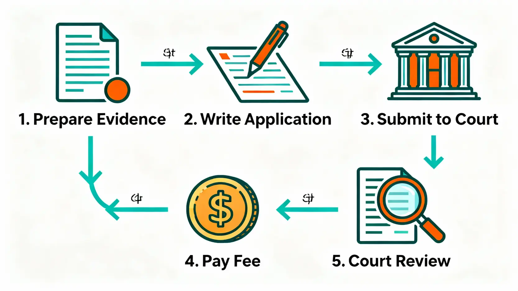 支付命令是什麼?從申請到異議流程全攻略,保障權益必看 申請支付命令的五個步驟教學圖,包含準備文件、撰寫聲請狀、遞交法院、繳費和法院審核。