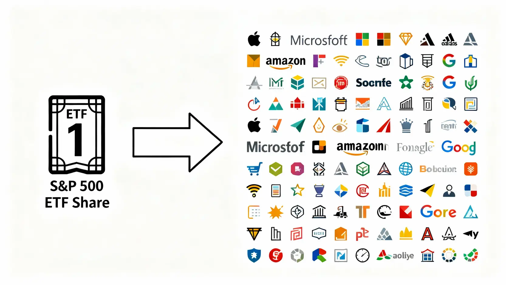 S&P 500 ETF是什麼?巴菲特也推薦!VOO、IVV、SPY怎麼選?(附購買教學) S&P 500 ETF 概念圖,展示買入一份ETF等於同時投資500家頂尖公司。