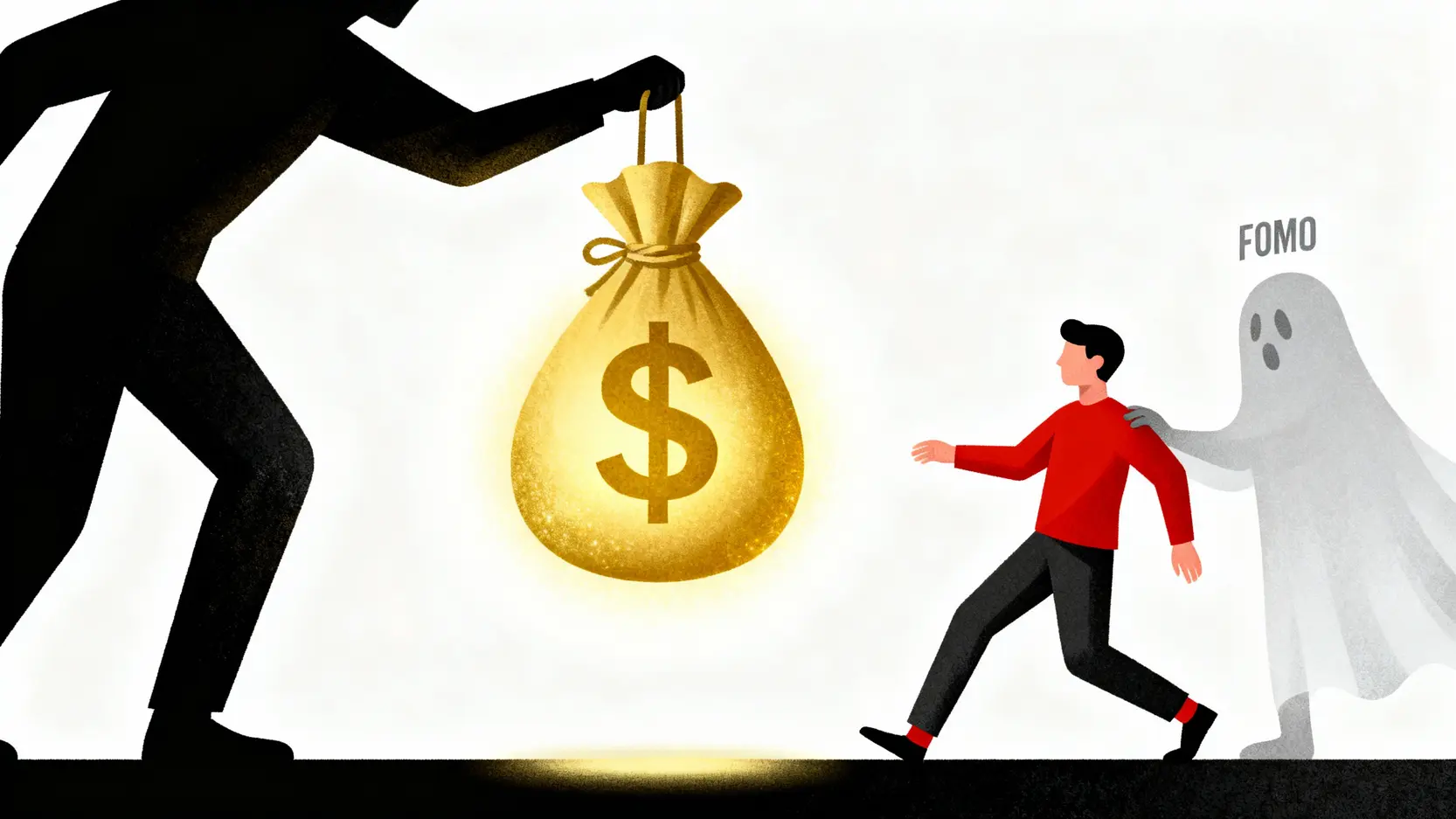 金融詐騙手法【防詐騙指南】專家揭露5大投資詐騙與加密貨幣案例 一張概念圖,描繪詐騙集團如何利用貪婪與錯失恐懼(FOMO)來引誘投資人。