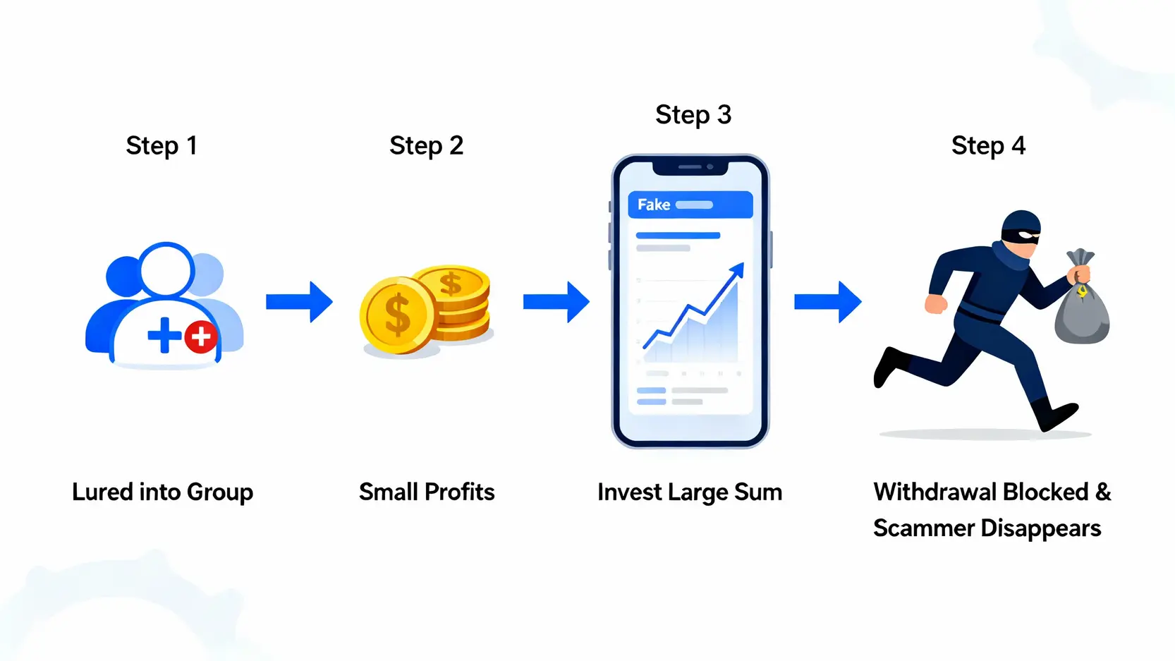 【2026防詐騙指南】專家拆解5種常見詐騙手法與自保策略(附真實案例分析) 投資詐騙流程圖,展示詐騙集團如何誘騙受害者投入資金的四個步驟。