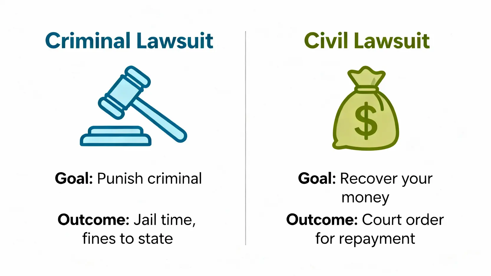 詐騙錢拿得回來嗎?追回詐騙金額SOP:律師教你黃金24小時內必做的5件事 一張對比圖,左右分別列出詐騙案件中的刑事訴訟與民事求償。刑事訴訟的目的是懲罰罪犯,民事求償的目的是拿回錢。