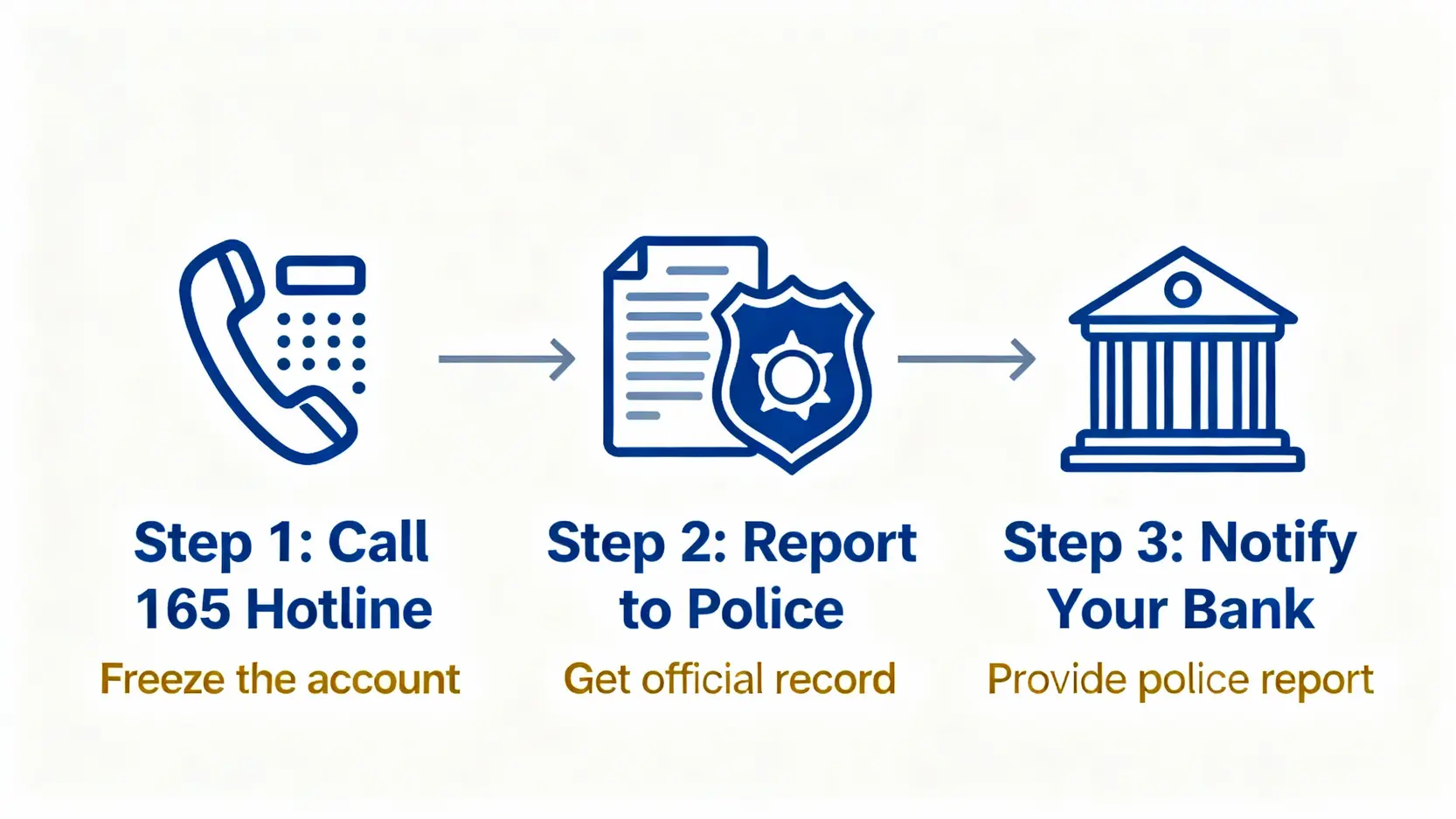 詐騙錢拿得回來嗎?追回詐騙金額SOP:律師教你黃金24小時內必做的5件事 一張說明被詐騙後24小時內追回款項的緊急處理流程圖,包含三個步驟:撥打165、警局報案、通知銀行。