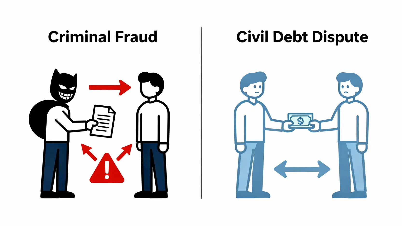 詐騙構成要件是什麼?律師白話解析詐欺罪定義與3大成立關鍵 一張圖說明詐欺罪與民事借貸糾紛的區別,關鍵在於借款當下的意圖是否不法。