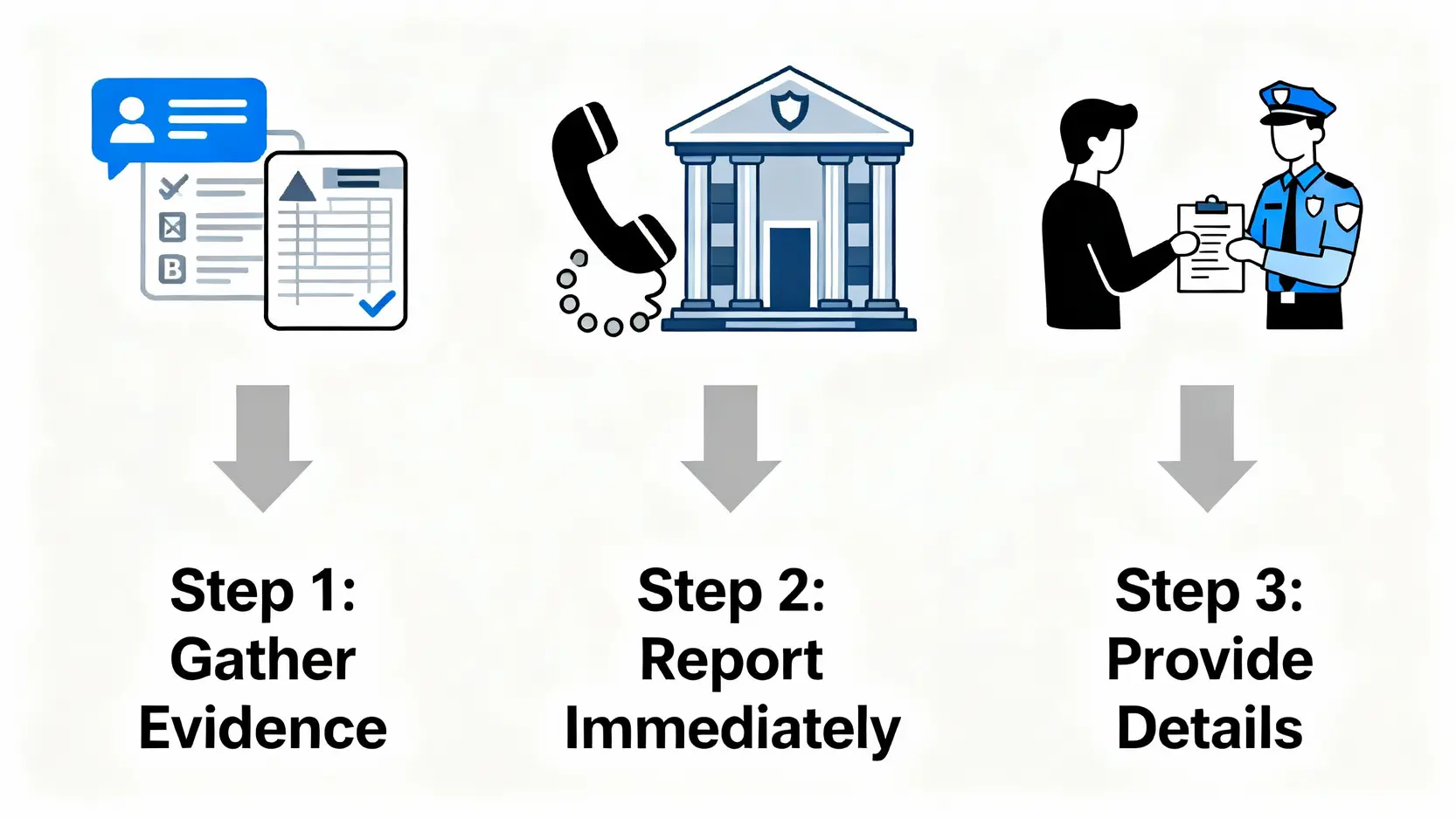 【2026香港防騙指南】常見騙案手法全公開!一文看清報案流程與自保方法 香港詐騙報案三步驟流程圖,包括搜集證據、致電熱線或前往警署,以及提供詳細案情。
