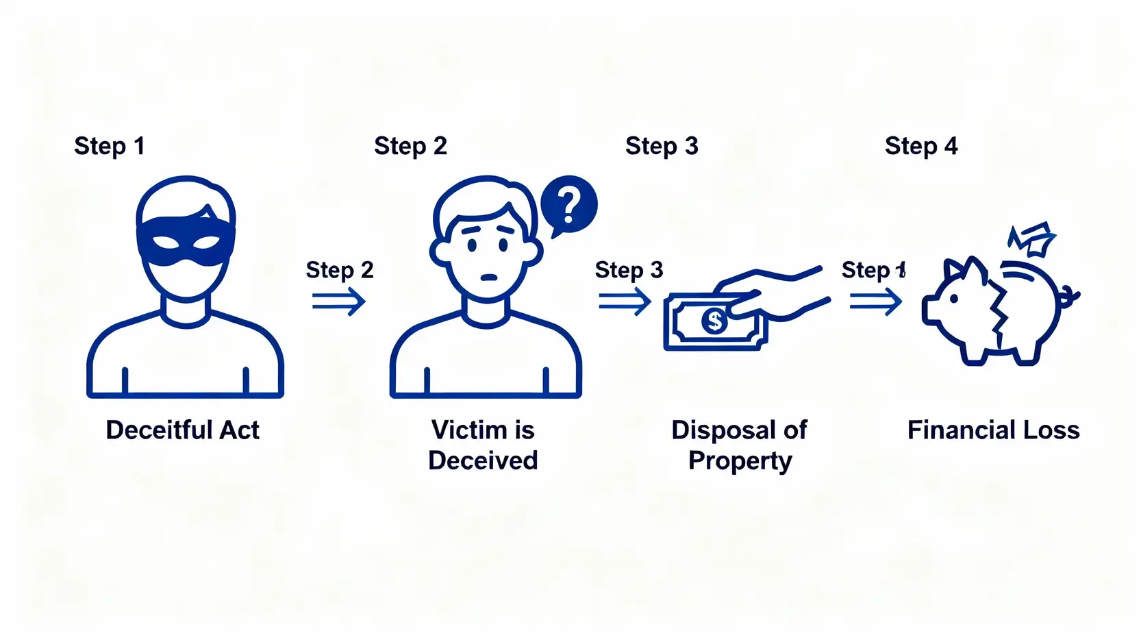 詐騙罪刑責全解析:刑期多重?從判決看懂和解與減刑關鍵 普通詐欺罪構成要件的四步驟流程圖,包含施用詐術、陷於錯誤、處分財產和造成損害。